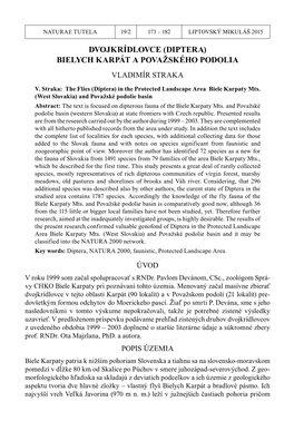 Dvojkrídlovce (Diptera) Bielych Karpát a Považského Podolia Vladimír Straka