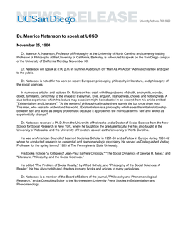 Dr. Maurice Natanson to Speak at UCSD