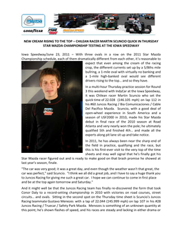 New Cream Rising to the Top – Chilean Racer Martin Scuncio Quick in Thursday Star Mazda Championship Testing at the Iowa Speedway