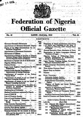 "Ofli Gazettesine “Ne.4 LAGOS -- 23Djuly, 1959 Es a Vets : “CONTENTS Fase