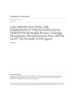 LAW and REVOLUTION: the FORMATION of the WESTERN LEGAL TRADITION. by Harold J. Berman. Cambridge, Massachusetts: Harvard University Press, 1983