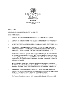 City Council CORRECTED AGENDA Monday, June 23, 2014 7:30 PM