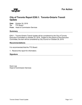 For Action City of Toronto Report EX9.1: Toronto-Ontario Transit Update