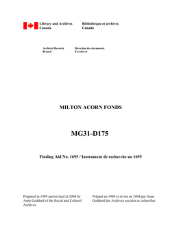 MILTON ACORN FONDS MG31-D175 Container File File Title Date