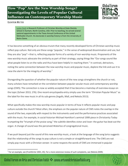 How “Pop” Are the New Worship Songs? Investigating the Levels of Popular Cultural Influence on Contemporary Worship Music