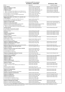 Ministry List As at 18 February 2016