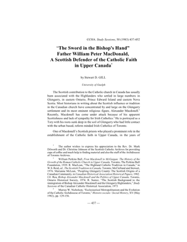 “The Sword in the Bishop's Hand” Father William Peter Macdonald, a Scottish Defender of the Catholic Faith in Upper Canada*