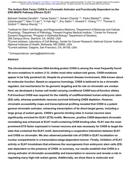 The Autism Risk Factor CHD8 Is a Chromatin Activator and Functionally Dependent on the ERK-MAPK Pathway Effector ELK1