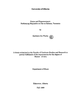 University of Alberta a Thesis Submitted to the Faculty of Graduate