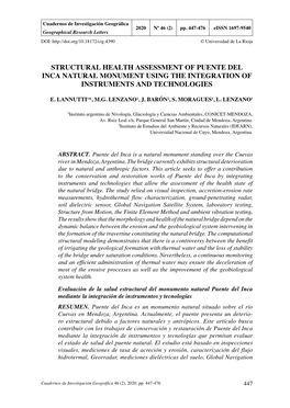 Structural Health Assessment of Puente Del Inca Natural Monument Using the Integration of Instruments and Technologies