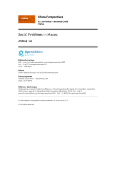China Perspectives, 62 | November - December 2005 Social Problems in Macau 2
