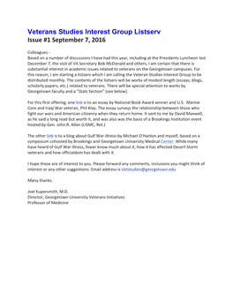 Veterans Studies Interest Group Listserv Issue #1 September 7, 2016