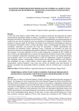 Os Efeitos Territoriais Dos Programas De Compra Da Agricultura Familiar Nos Municípios De Adamantina, Paulicéia E Tupi Paulista- Sp/Brasil