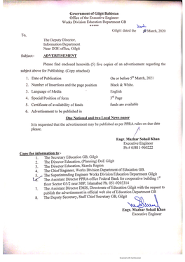 Government of Gilgit Offiec of the Executive Engineer Works Division Education Department GB No.EE-Edu-1(2)/2021 Dated March, 2021