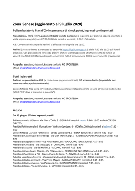 Zona Senese (Aggiornato Al 9 Luglio 2020) Poliambulatorio Pian D'ovile: Presenza Di Check Point, Ingressi Contingentati