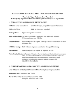 Upper Wakarusa River Watershed Water Quality Impairment: Nutrients and Oxygen Demand Impact on Aquatic Life