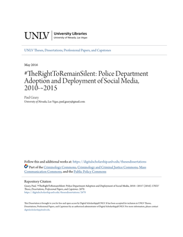 Police Department Adoption and Deployment of Social Media, 2010-~2015 Paul Geary University of Nevada, Las Vegas, Paul.Geary@Gmail.Com