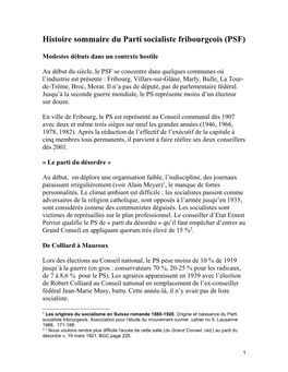 Histoire Sommaire Du Parti Socialiste Fribourgeois (PSF)