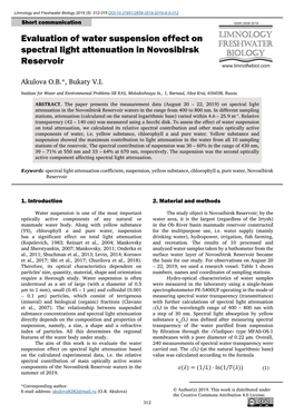 Evaluation of Water Suspension Effect on Spectral Light Attenuation in Novosibirsk Reservoir