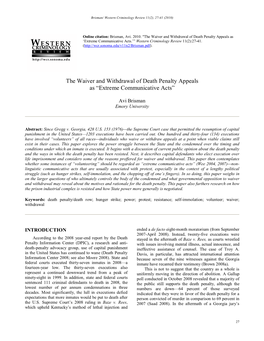 The Waiver and Withdrawal of Death Penalty Appeals As ‘Extreme Communicative Acts.’” Western Criminology Review 11(2):27-41