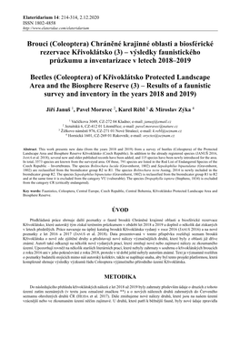 Chráněné Krajinné Oblasti a Biosférické Rezervace Křivoklátsko (3) – Výsledky Faunistického Průzkumu a Inventarizace V Letech 2018–2019