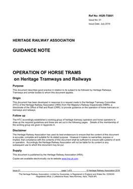 GUIDANCE NOTE OPERATION of HORSE TRAMS on Heritage