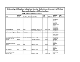 Inventory of Arthur Gutman Collection of Menckeniana HLM-Editor and Introductions Author, Pub Special Call Title Last Author, First Publisher Date Edition Note Number