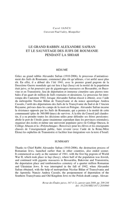 Le Grand Rabbin Alexandre Safran Et Le Sauvetage Des Juifs De Roumanie Pendant La Shoah