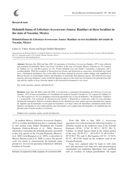 Helminth Fauna of Lithobates Brownorum (Anura: Ranidae) at Three Localities in the State of Yucatán, Mexico