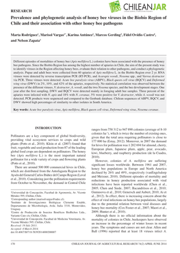 Prevalence and Phylogenetic Analysis of Honey Bee Viruses in the Biobío Region of Chile and Their Association with Other Honey Bee Pathogens