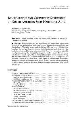 BIOGEOGRAPHY and COMMUNITY STRUCTURE of NORTH AMERICAN SEED-HARVESTER ANTS Robert A. Johnson
