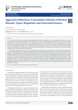 Aggressive Behaviour in Secondary Schools of Mesken Woreda: Types, Magnitude and Associated Factors