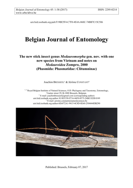 Belgian Journal of Entomology the New Stick Insect Genus