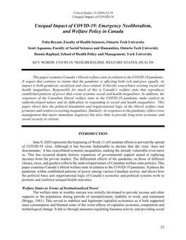 Emergency Neoliberalism, and Welfare Policy in Canada