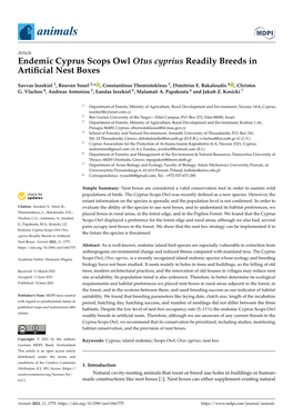 Endemic Cyprus Scops Owl Otus Cyprius Readily Breeds in Artiﬁcial Nest Boxes