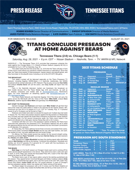 Titans Conclude Preseason at Home Against Bears