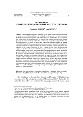 THE RED ARMY and the CHANGING of the POLITICAL SYSTEM in ROMANIA Constantin HLIHOR∗, Ioan SCURTU∗∗ the Withdrawal of Roma