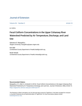 Fecal Coliform Concentrations in the Upper Cohansey River Watershed Predicted by Air Temperature, Discharge, and Land Use