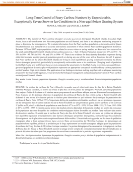 Long-Term Control of Peary Caribou Numbers by Unpredictable, Exceptionally Severe Snow Or Ice Conditions in a Non-Equilibrium Grazing System Frank L