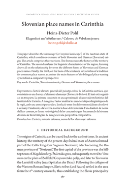Slovenian Place Names in Carinthia Heinz-Dieter Pohl Klagenfurt Am Wörthersee / Celovec Ob Vrbskem Jezeru Heinz.Pohl@Chello.At