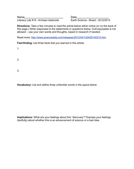 Literacy Lab #18 - Archean Asteroids Earth Science - Breed - 2012/2013