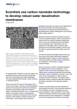 Scientists Use Carbon Nanotube Technology to Develop Robust Water Desalination Membranes 12 April 2018