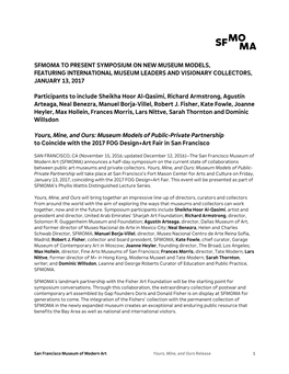 Sfmoma to Present Symposium on New Museum Models, Featuring International Museum Leaders and Visionary Collectors, January 13, 2017