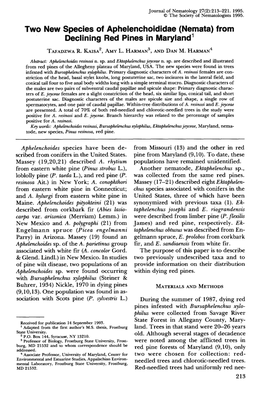 Two New Species of Aphelenchoididae (Nemata) from Declining Red Pines in Maryland 1