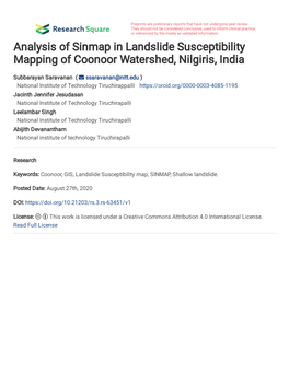 Analysis of Sinmap in Landslide Susceptibility Mapping of Coonoor Watershed, Nilgiris, India