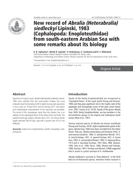 New Record of Abralia (Heterabralia) Siedleckyi Lipinski, 1983 (Cephalopoda: Enoploteuthidae) from South-Eastern Arabian Sea with Some Remarks About Its Biology