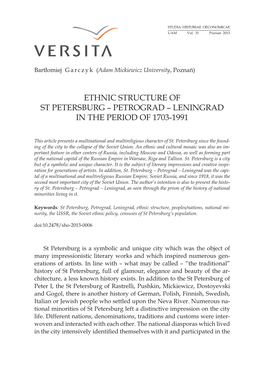 Ethnic Structure of St Petersburg – Petrograd – Leningrad in the Period of 1703-1991