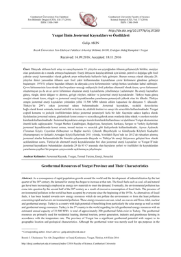 Yozgat İlinin Jeotermal Kaynakları Ve Özellikleri Geothermal Resources