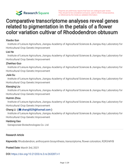 Comparative Transcriptome Analyses Reveal Genes Related to Pigmentation in the Petals of a Fower Color Variation Cultivar of Rhododendron Obtusum
