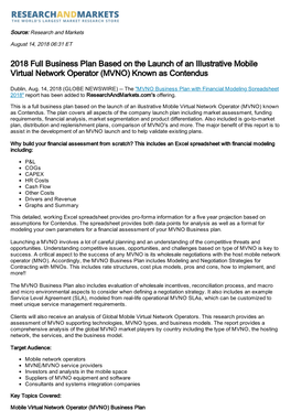 2018 Full Business Plan Based on the Launch of an Illustrative Mobile Virtual Network Operator (MVNO) Known As Contendus